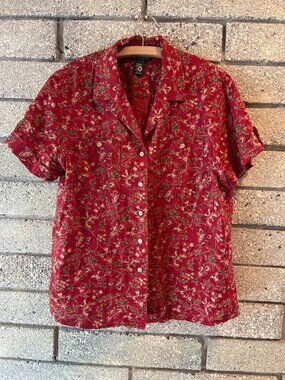 Lauren Ralph Lauren Womens Floral Red Linen Button-Up Shirt 100% linen Size Larg